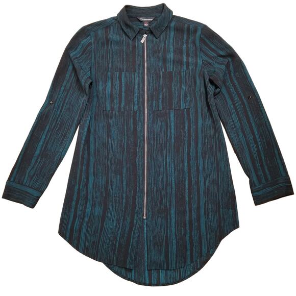 Rock Republic Size XS Teal Black Zip Front Tunic Roll Tab Long Sleeve Blouse - Picture 1 of 8